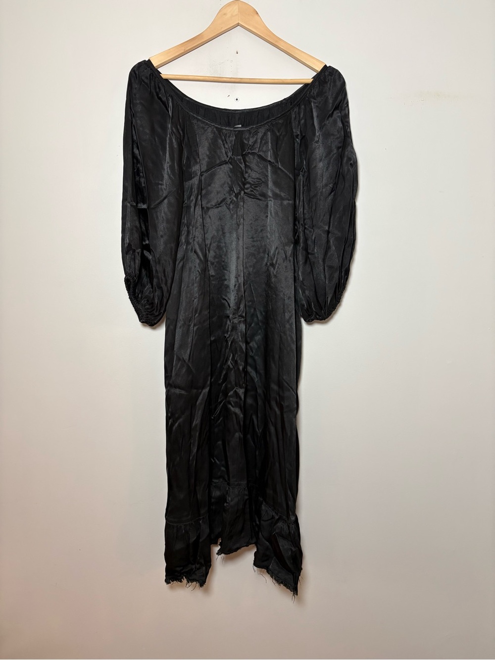 Raquel Allegra Black Satin Rayon Peasant-Style Oversized Maxi Dress — Size 1 (S)